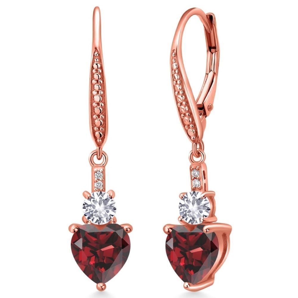 18K Rose Gold with 3.13 Cttw Red Garnet and White Sapphire Heart Drop Earrings